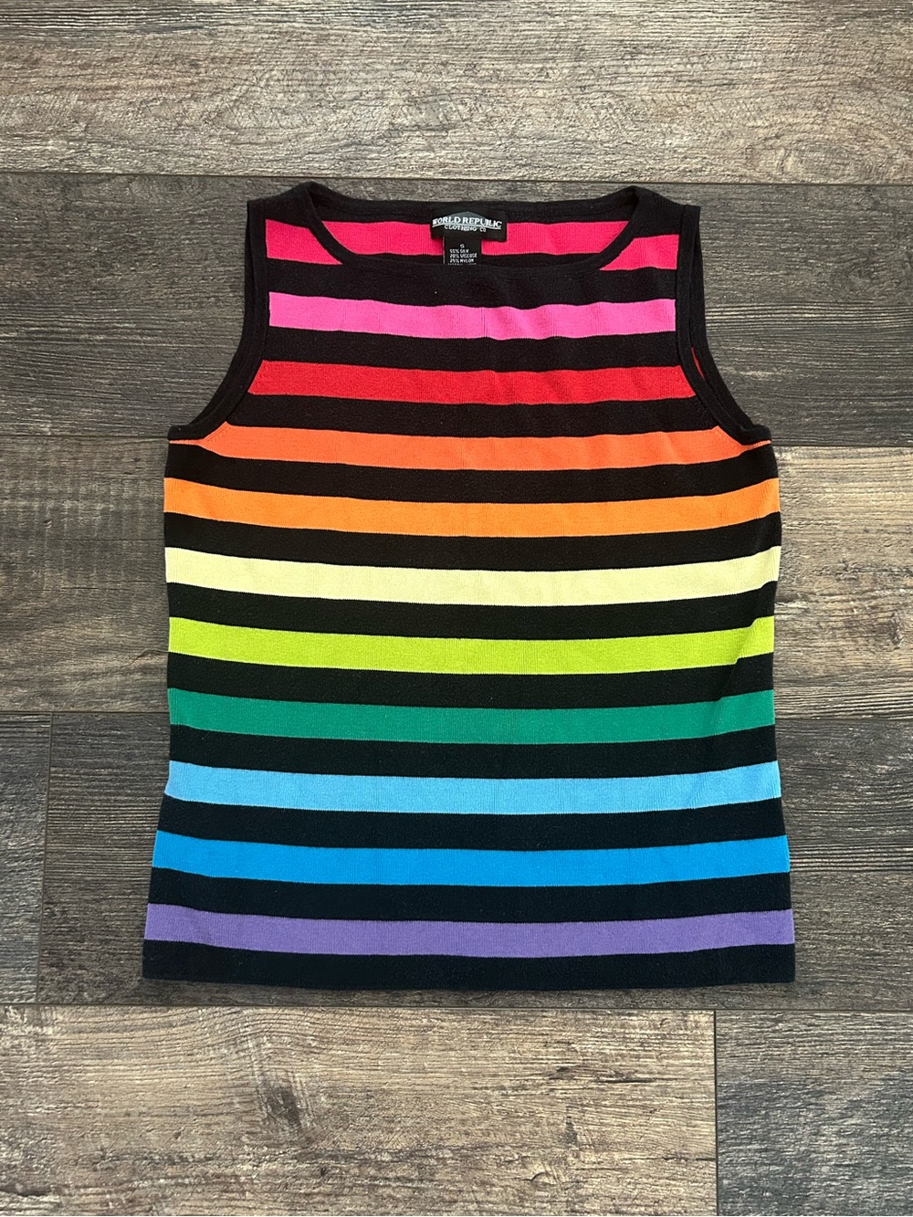 VTG Y2K World Republic Tank Top Rainbow Stripes Sleeveless Knit Top Women’s Sz S